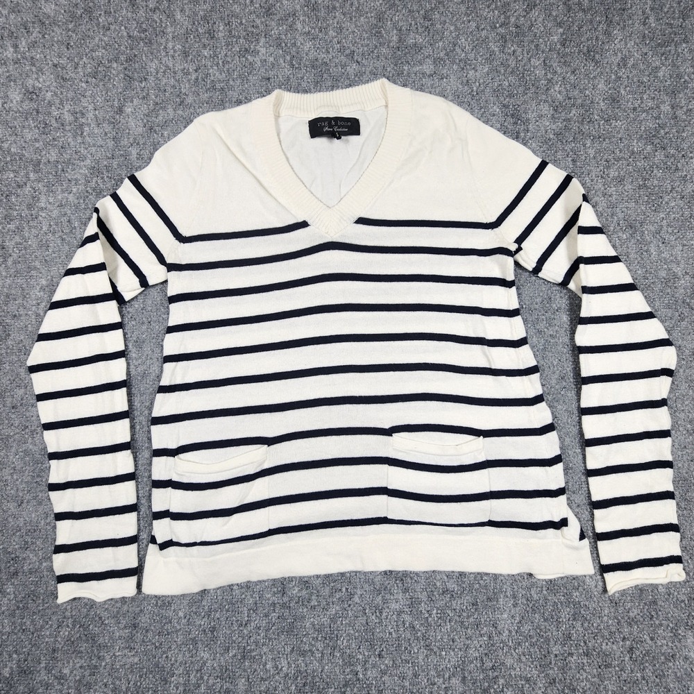 Rag & Bone Store Exclusive Striped V-Neck Cotton Cashmere Sweater Ivory Navy S